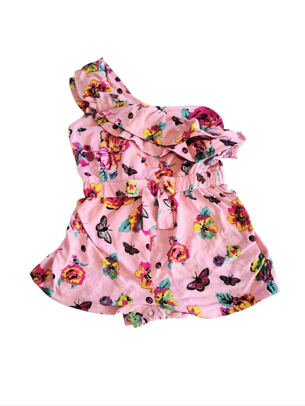 Betsy Johnson Pink Butterfly Floral One Shoulder Romper Size 24 Months Infant